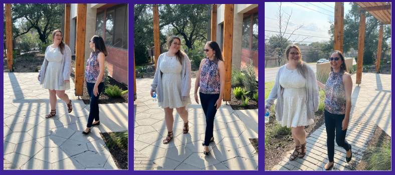 Two employees of Independent Texas Registered Agent take a break behind the building.